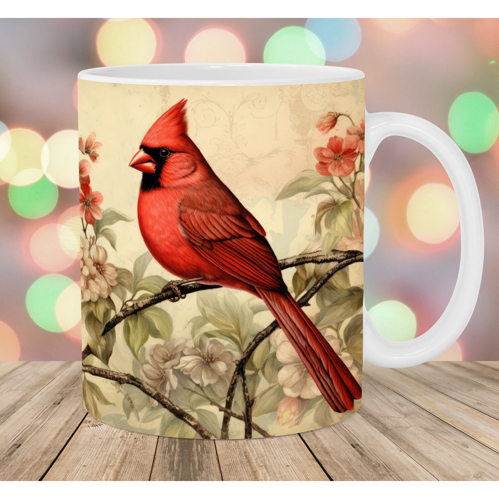 Vintage Red Cardinal Bird Mug Wrap, 11oz And 15oz Mug Template, Mug Sublimation Design, Mug Wrap Template, Instant Digital Download PNG.jpg