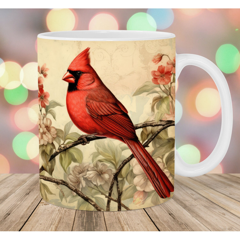 Vintage Red Cardinal Bird Mug Wrap, 11oz And 15oz Mug Template, Mug Sublimation Design, Mug Wrap Template, Instant Digital Download PNG.jpg
