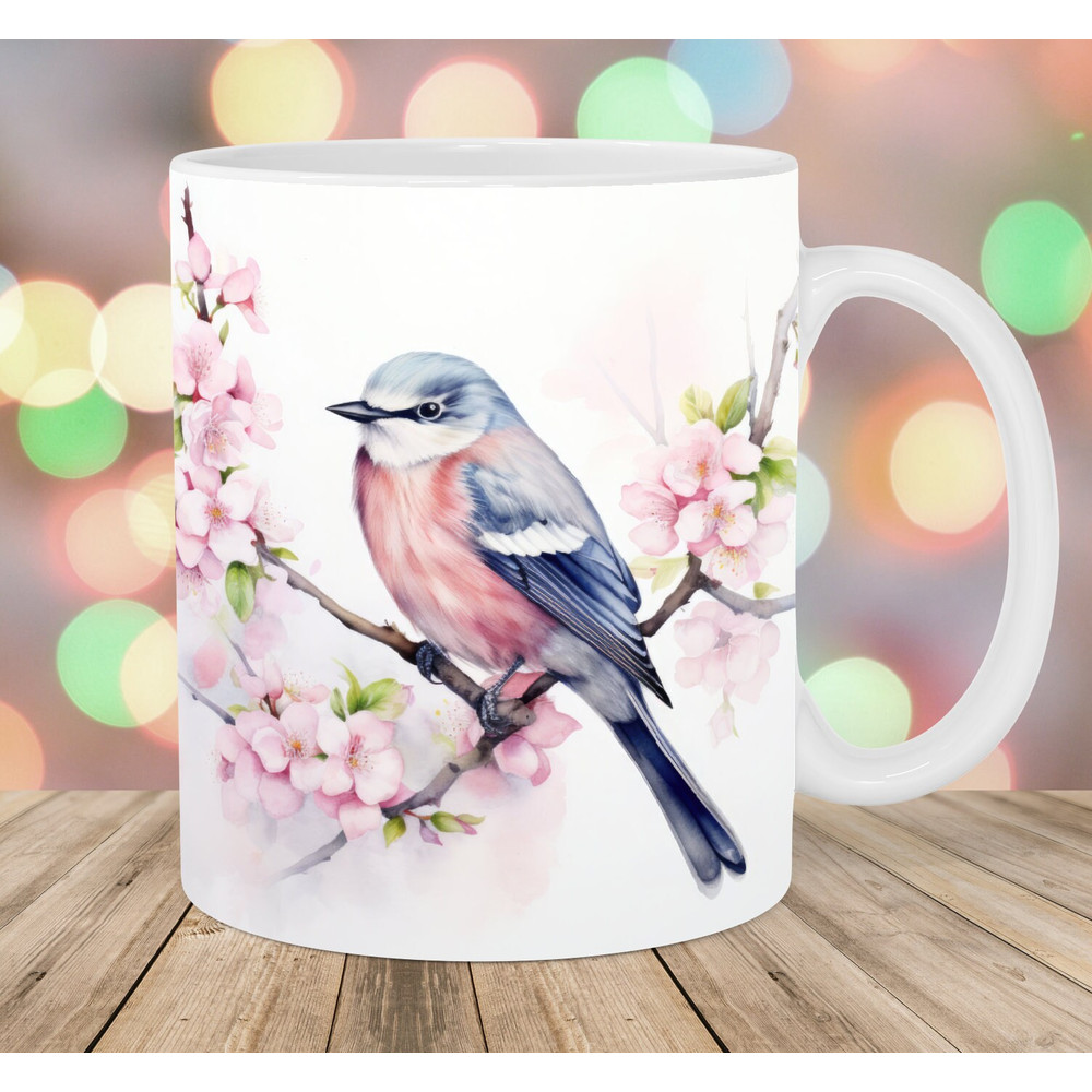 Watercolor Bird Mug Wrap, 11oz & 15oz Mug Template, Mug Sublimation Design, Cherry Blossom Mug Wrap Template, Instant Digital Download PNG.jpg