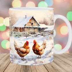 watercolor chicken mug, 11oz 15oz mug, red barn mug design