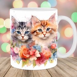 watercolor flower kittens mug, 11oz and 15oz mug, mug design