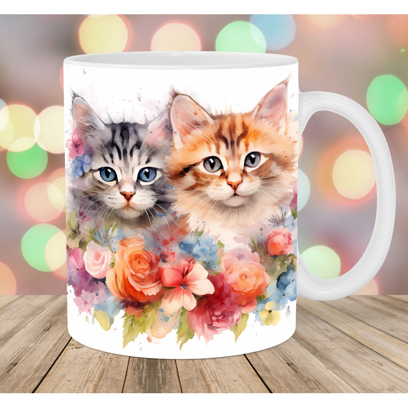 Watercolor Flower Kittens Mug Wrap, 11oz And 15oz Mug Template, Mug Sublimation Design, Mug Wrap Template, Instant Digital Download PNG.jpg