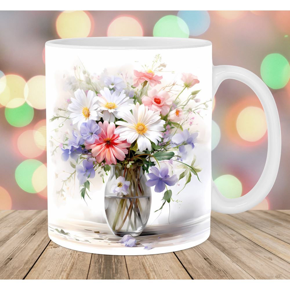 Watercolor Flowers In A Vase Mug Wrap, 11oz & 15oz Mug Template, Mug Sublimation Design, Mug Wrap Template, Instant Digital Download PNG.jpg