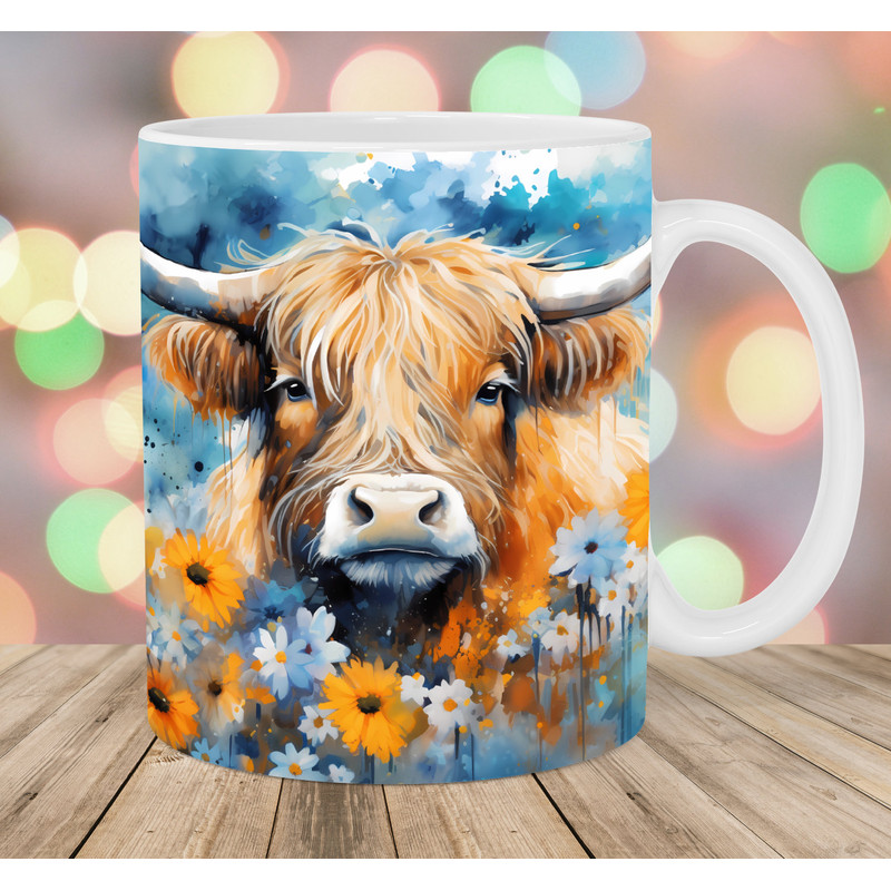 Watercolor Highland Cow Mug Wrap, 11oz And 15oz Mug Template, Mug Sublimation Design, Flower Mug Wrap Template, Instant Digital Download PNG.jpg