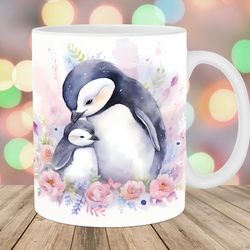 Watercolor Mum And Baby Penguin Mug, 11oz 15oz Mug, Mug Design