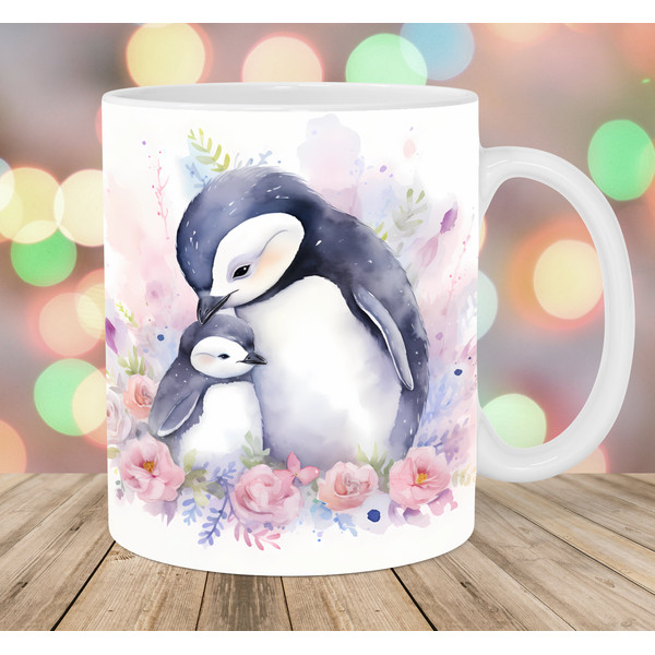 Watercolor Mum And Baby Penguin Mug Wrap, 11oz & 15oz Mug Template, Mug Sublimation Design, Mug Wrap Template, Instant Digital Download PNG.jpg