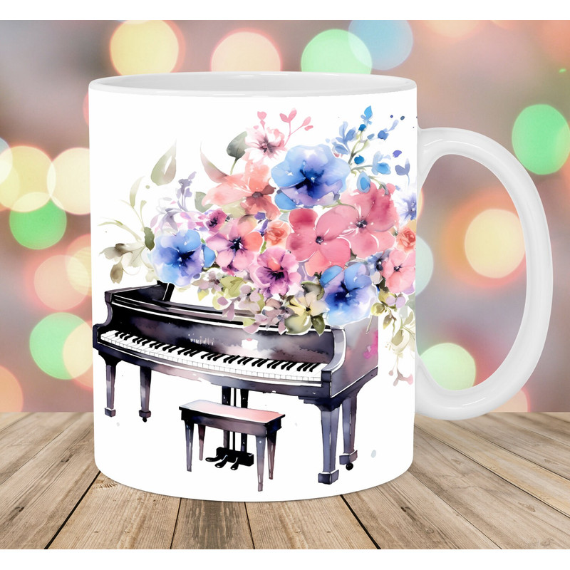Watercolor Piano Mug Wrap, 11oz And 15oz Mug Template, Mug Sublimation Design, Flower Mug Wrap Template, Instant Digital Download PNG.jpg
