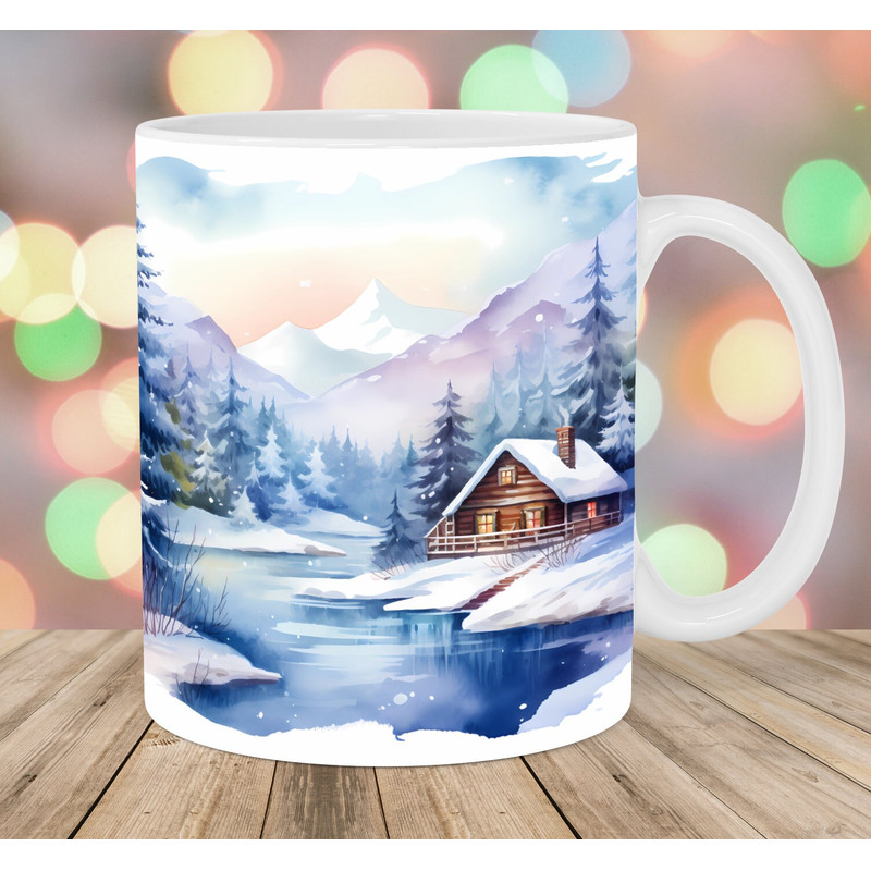 Watercolor Winter Landscape Mug Wrap, 11oz And 15oz Mug Template, Mug Sublimation Design, Mug Wrap Template, Instant Digital Download PNG.jpg