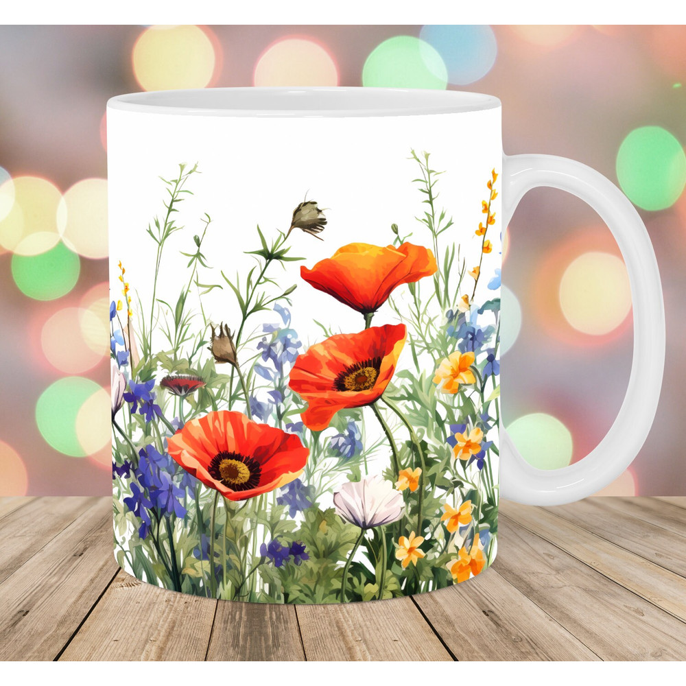 Wild Flowers Mug Wrap, 11oz & 15oz Mug Template, Mug Sublimation Design, Poppies Mug Wrap Template, Instant Digital Download PNG.jpg