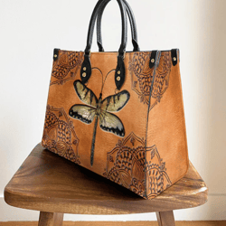 Dragonfly Mandala Style Leather Handbag, Women Leather HandBag, Mother Day Gift, Personalized Gifts, Gift for Her