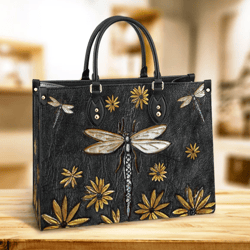 Dragonfly Sunflowers Leather Handbag, Women Leather HandBag, Mother Day Gift, Personalized Gifts, Gift for Her