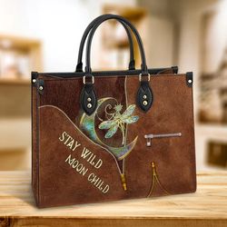 Hippie Dragonfly Stay Wild Moon Child Leather Handbag, Women Leather HandBag, Best Mother's Day Gifts, Gift for Her