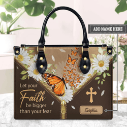 Personalized Name Let Your Faith Be Bigger Than Your Fear Daisy Leather Handbag, Women Leather HandBag, Gift for Her