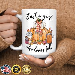 fall girl mug, autumn pumpkin coffee mug, halloween thanksgiving mug