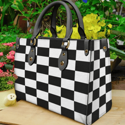 Large Checkered White And Black Leather Handbag, Women Leather HandBag, Gift for Her