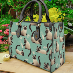 Cute Siamese Cat Mint Leather Handbag, Women Leather HandBag, Gift for Her