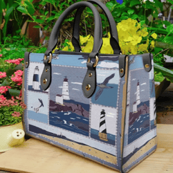 Lighthouse Beach Art Leather Handbag, Women Leather HandBag, Gift for Her
