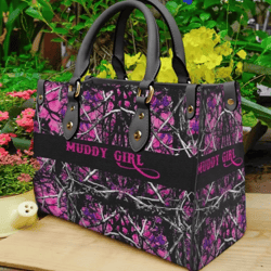 Hunting Muddy Girl Pink Camo Leather Handbag, Women Leather HandBag, Gift for Her, Birthday Gift, Mother Day Gift
