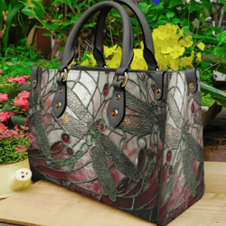 Dragonfly Stained Glass Leather Handbag, Women Leather HandBag, Gift for Her, Birthday Gift, Mother Day Gift