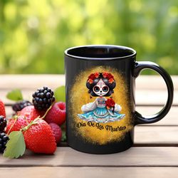 dia de los muertos black mug, day of the dead ceramic mug, catrina coffee mug
