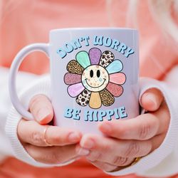 dont worry be hippie ceramic mug, retro hippie coffee cup, bohemian style coffee mug