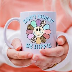 dont worry be hippie ceramic mug, retro hippie coffee cup, bohemian style coffee mug, happy face hippie mug