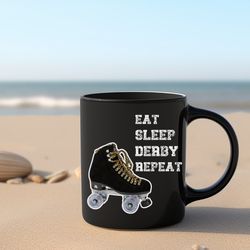 eat sleep derby repeat ceramic coffee mug, roller skate coffee cup, roller derby
