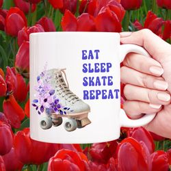 eat sleep skate repeat ceramic coffee mug, roller skating cup, roller derby