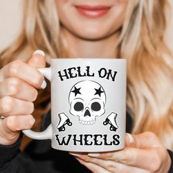 hell on wheels black ceramic mug , roller derby coffee mug, derby girl