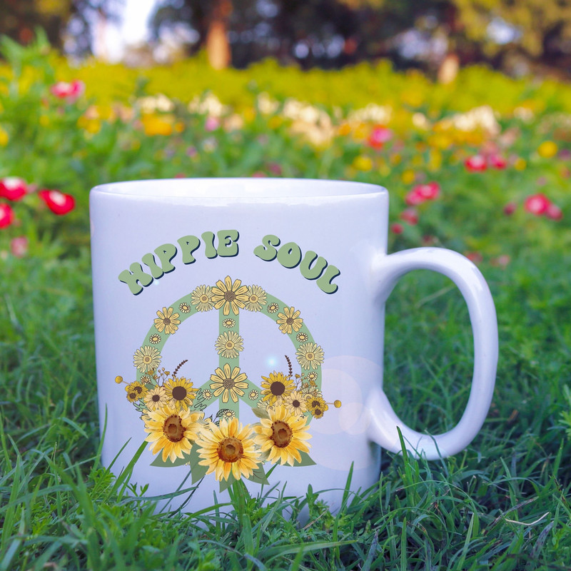 Hippie Soul Ceramic Mug, Boho Peace Sign Coffee Cup, Hippie Mama Coffee Mug, Retro Hippie Sunflower Cup, Peace and Love Ceramic Mug 1.jpg