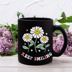 keep smiling ceramic mug, happy daisy coffee mug, retro flower mug