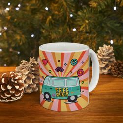 retro free spirit ceramic mug, happy hippie coffee mug, groovy road trip coffee cup