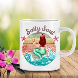 salty soul ceramic mug, pretty mermaid coffee mug, summer love mug