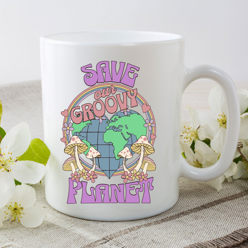 Save This Groovy Planet Ceramic Mug, Save The Earth Coffee Mug, Earth Day Mug, Hippie Coffee Cup, Groovy Vibes Mug, Boho Be Green Mug 1.jpg