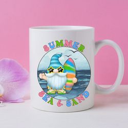 summer sea sand ceramic mug, summer gnome coffee mug, beach vibes coffee cup