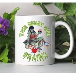this derby girl loves brains ceramic mug, funny roller derby coffee mug, halloween roller derby coffee cup