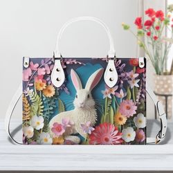 easter handbag, bunny design purse, spring flower handbag, ladies leather handbag, unique easter bag