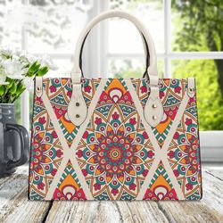 beige mandala pattern boho leather handbag, leather handbag, vegan leather luxury boho bag, cute boho handbag