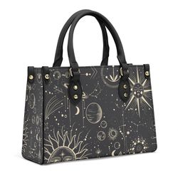 celestial sun and moon mystical boho leather handbag, cottagecore leather handbag, vegan leather luxury boho handbag