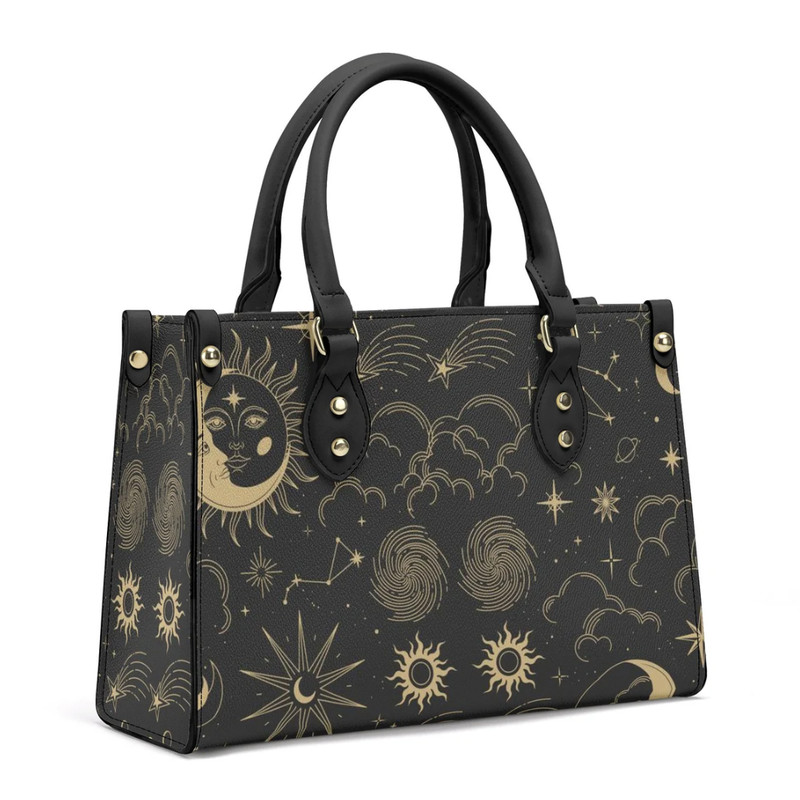 Mystical Celestial Sun and Moon Boho PU Leather Handbag, Cottagecore PU Leather Purse, Vegan Leather Luxury Boho Bag, Cute Witchy Purse.png