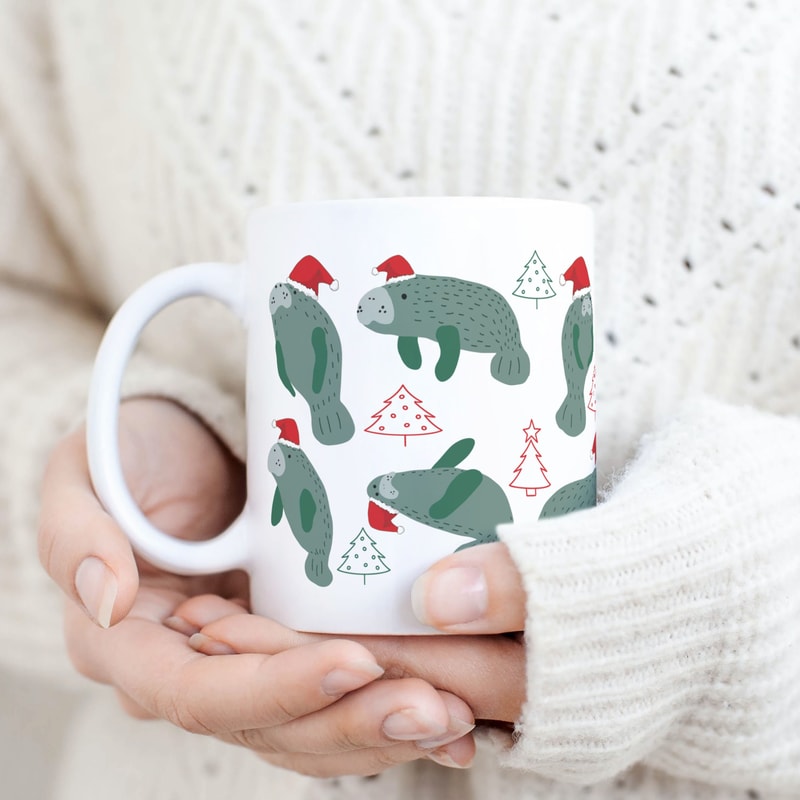 Manatee Christmas Mug For Manatee Lover, Christmas Manatees Coffee Cup, Holiday Sea Cow Print Coffee Mug, Funny Sea Animal Xmas Mug Gift For 1.jpg