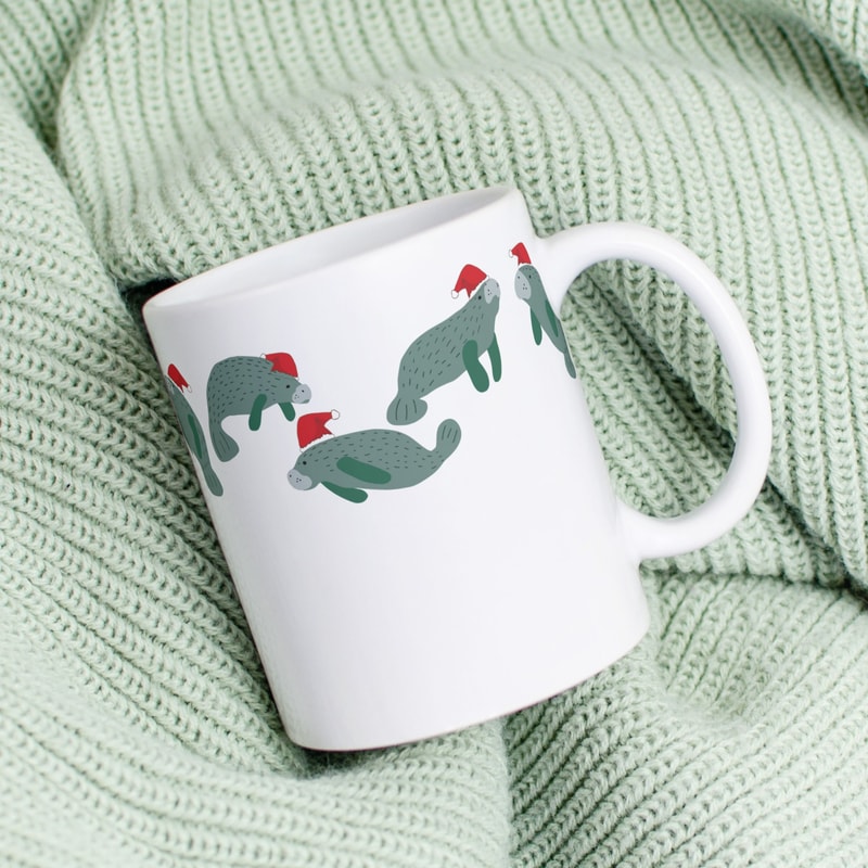 Manatee Christmas Mug For Manatee Lover, Christmas Manatees Coffee Cup, Holiday Sea Cow Print Coffee Mug, Funny Sea Animal Xmas Mug Gift For.jpg