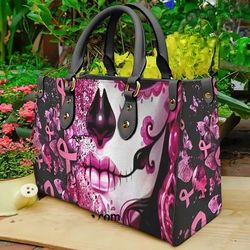 breast cancer day of the dead leather handbag, cancer strong leather handbag, health awareness leather handbag