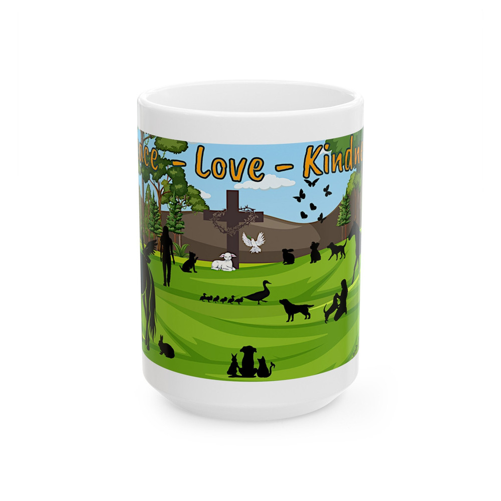 15 oz Peace Love Kind Mug, Godly Peace, Creatures in Harmony, Lamb and Dove, Tranquil Creatures, Peaceful Forest Mug, Mug of Godly Peace.jpg