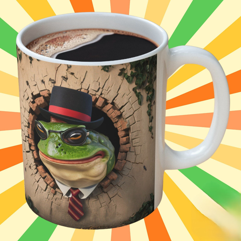 Cool Frog Mug, 3D design of green frog with glasses and tie for funny mug, a cute gift for the frog lover, Watch out for the Grumpy Frog.jpg