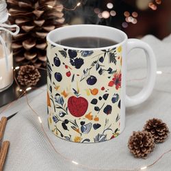 floral mug, coffee mug, fruit mug, patterned garden & wildflower, boho cottage core, dainty feminine pressed flower mug,