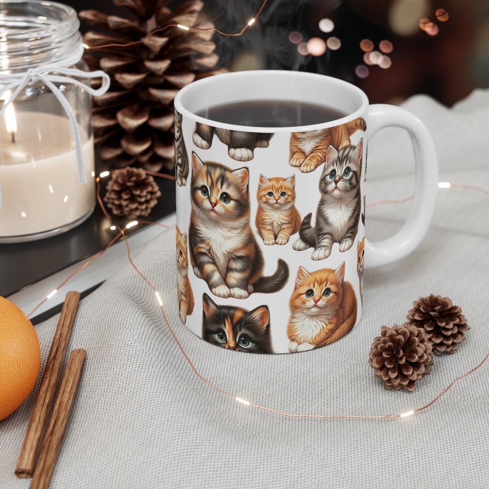 Kitten Pattern Mug, Cute Pet Mug, Kitten Gift, Cute Cat Lover Mug, Pet Lover's Gift Mug, Ceramic Mug 11oz.jpg