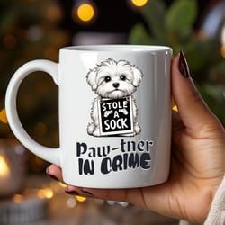 maltese coffee mug, paw-tner in crime, funny pet mug, maltese gift, cute dog lover mug, pet lovers gift mug, maltese mo