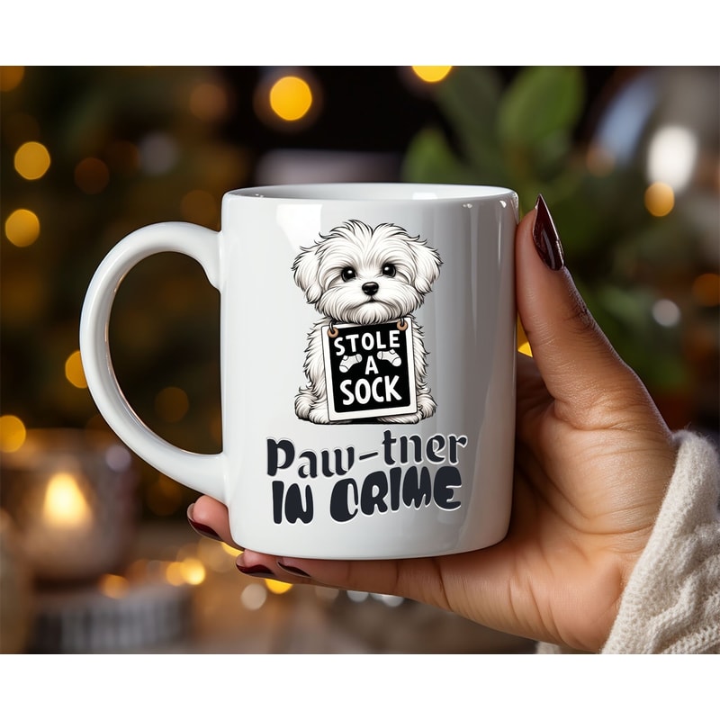 Maltese Coffee Mug, Paw-tner in Crime, Funny Pet Mug, Maltese Gift, Cute Dog Lover Mug, Pet Lover's Gift Mug, Maltese mom mug.jpg