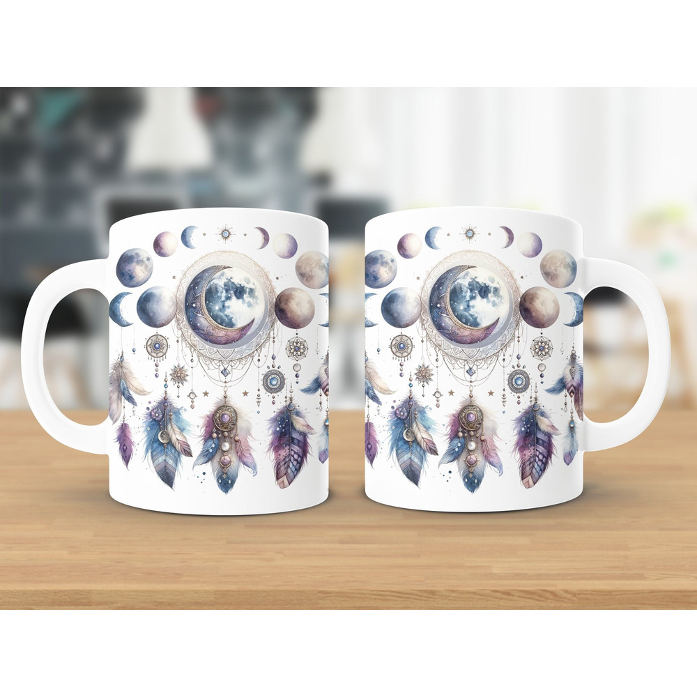 Bohemian Moon Phases Dreamcatcher Mug, Celestial Watercolor Coffee Cup, Unique Mystic Space Design, Gift for Astrology Lovers.jpg